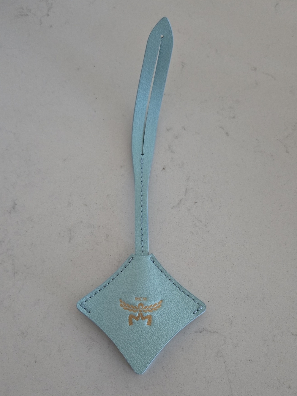 New MCM Leather Purse Tag Authentic Hanging Purse Charm W/ Keyring Blue green